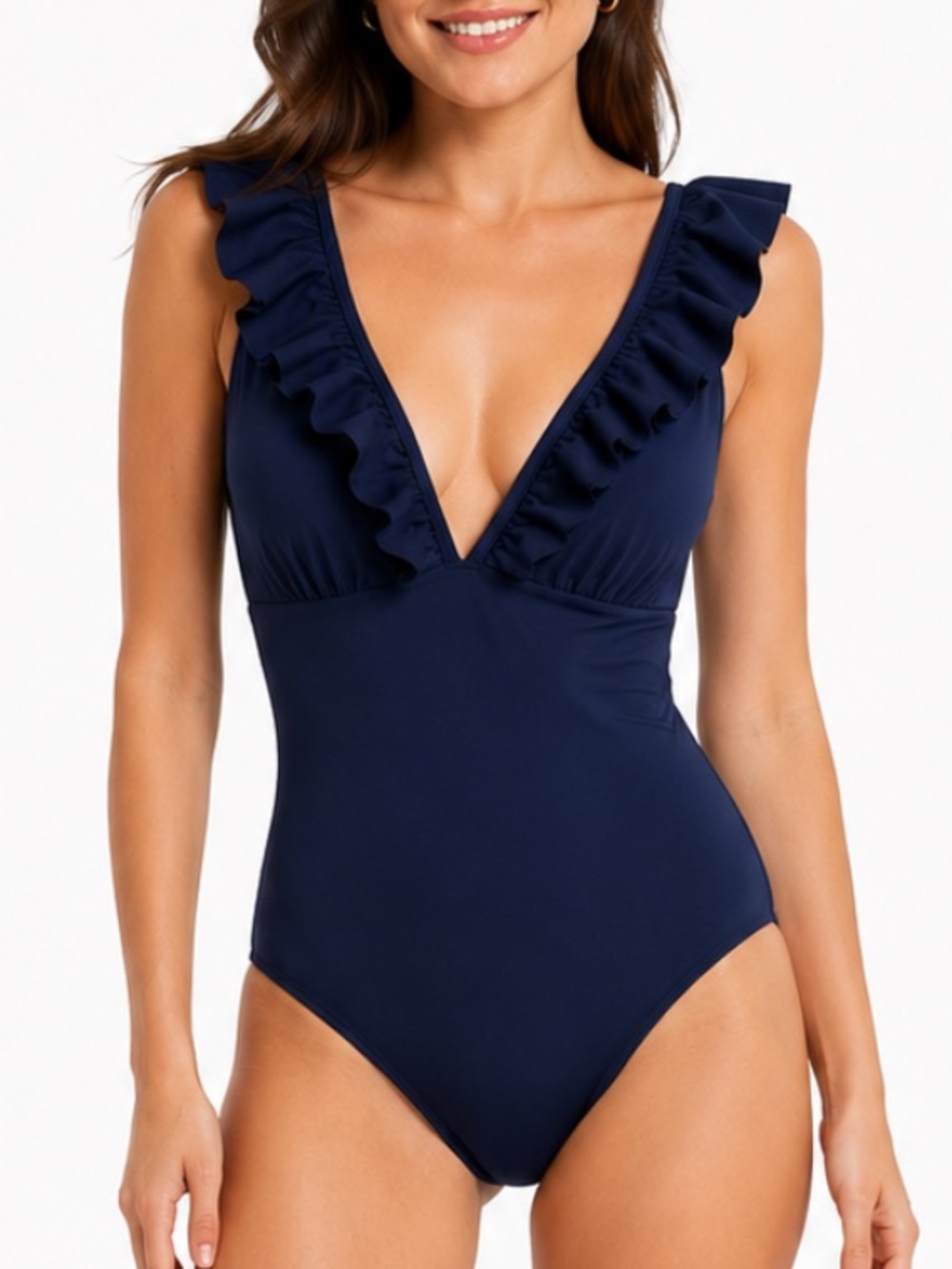 H&M navy blue ruffle trim v-neck one piece bathing suit size medium